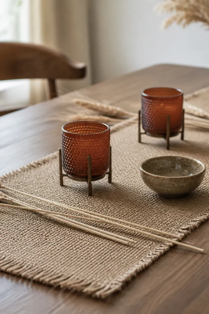 A woven burlap runner across a dining table. On top are two small burnt orange candle cups in metal holders. Scattered are a few dried wheat stems and a small ceramic bowl.