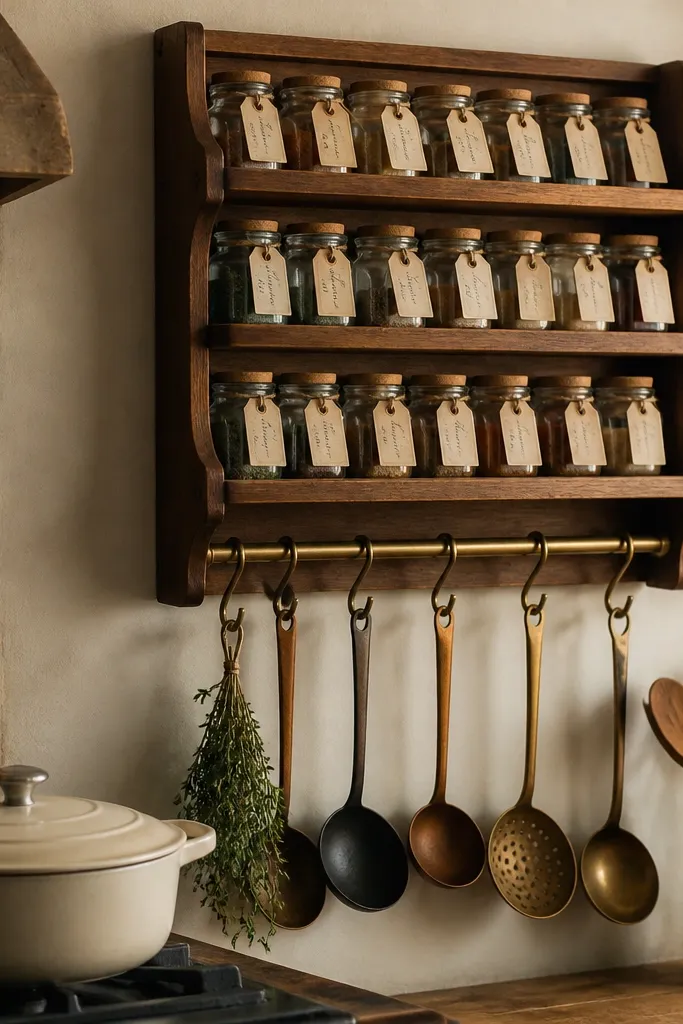 A wooden wall spice rack with small jars in rows. Each jar has a hand-written tag on cream cards tied with twine. The rack sits near the stove, with a small hook rail below holding ladles.