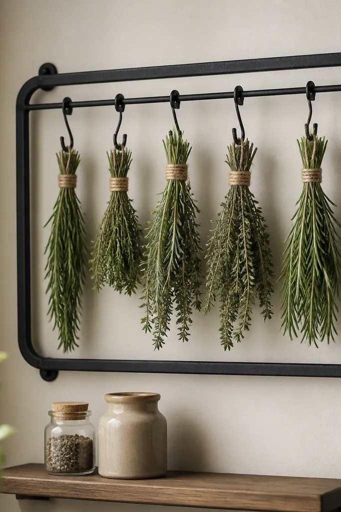 A black iron frame mounted on the wall with hooks holding bundles of dried herbs. Some bundles are rosemary and thyme, tied with twine. Below the frame is a small shelf with two jars.