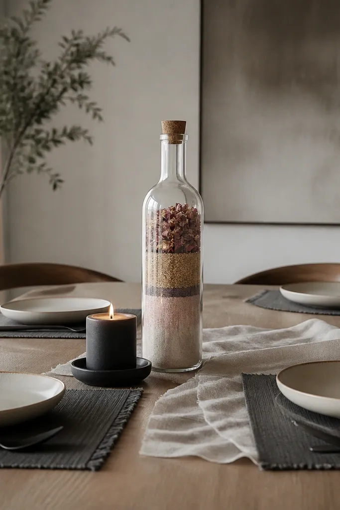 A dining table set with charcoal placemats and cream plates. In the center is a tall clear bottle filled with layered powders or dried petals. A small black candle sits beside it.
