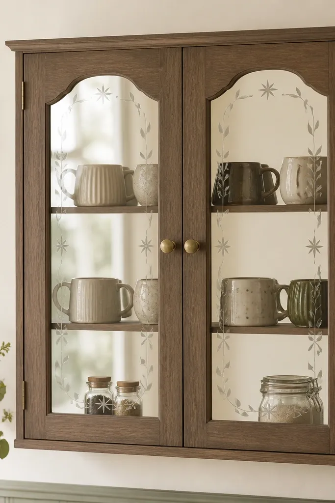 A cabinet with mirrored door panels. The mirror has subtle frosted etching of simple stars and leaves. Inside are neatly arranged mugs and a few small jars.