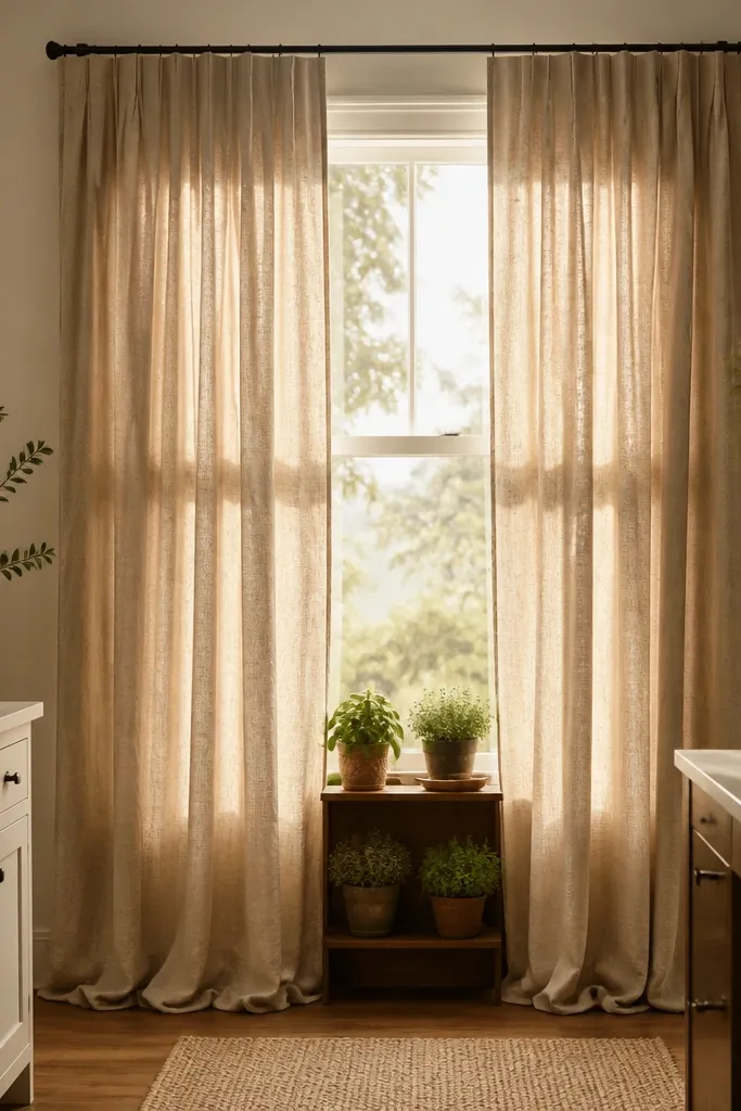 Curtains in oatmeal linen-look fabric hanging floor to ceiling over a kitchen window. The fabric has soft folds and a slightly textured weave. Warm light filters through, and a small herb shelf sits beneath.