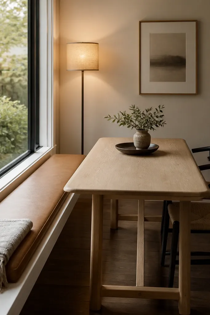 A slim bench runs along a window wall in a small dining nook. A light wood tabletop sits opposite, with two chairs pushed in. The bench has a tan cushion and a small woven throw folded on one end. A floor lamp glows near the corner.
