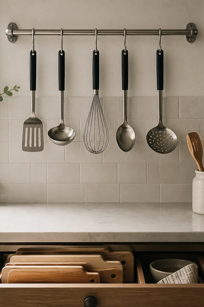 A metal utensil rail is mounted above a narrow prep counter. Hanging utensils (spatula, ladle, whisk) line up in a neat row. Below, a small cutting board stack sits in a drawer organizer. A jar of wooden spoons sits near the backsplash.