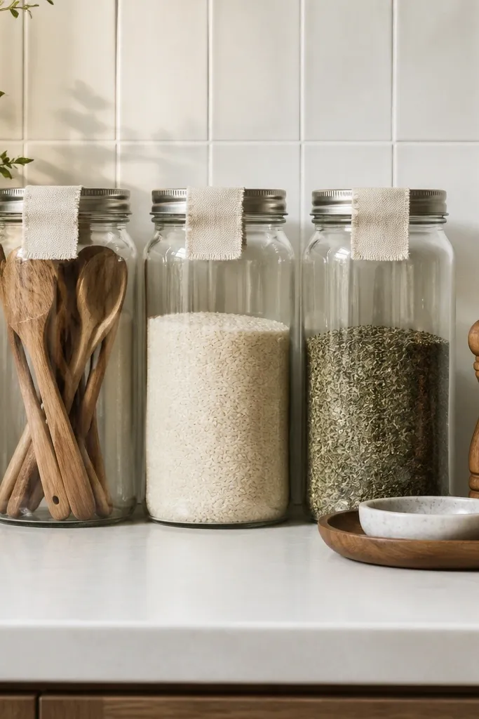 Clear glass jars sit on a small counter, each with a simple fabric label tucked under the lid ring. One jar holds wooden spoons, one has rice, one has dried herbs. The jars match in size and height. A small tray holds a pepper grinder and a spoon rest.