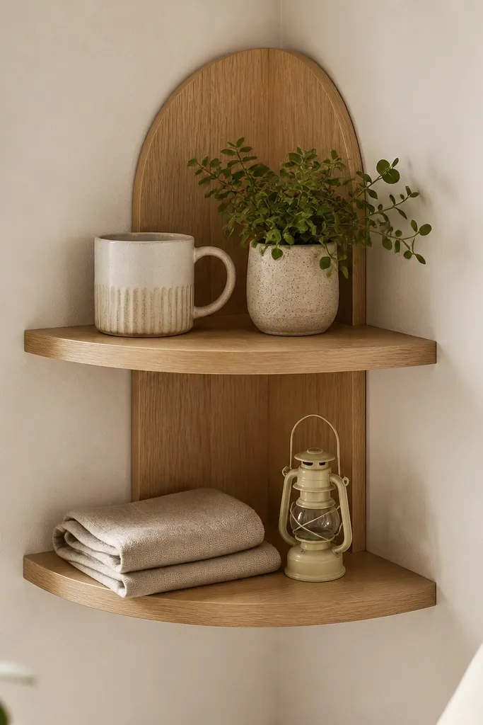 A small corner shelf has two tiers with a light wood backing plate behind the items. On the shelves: a ceramic mug, a small plant in a pot, a folded linen cloth, and a tiny lantern. The wall behind is a warm off-white.