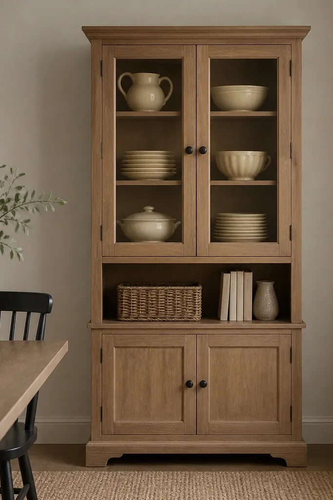 A compact hutch sits against a dining wall. The top has glass doors with visible dishes; the bottom has solid cabinet doors. Inside the top: plates in a matching cream set. The bottom holds baskets and a few books.