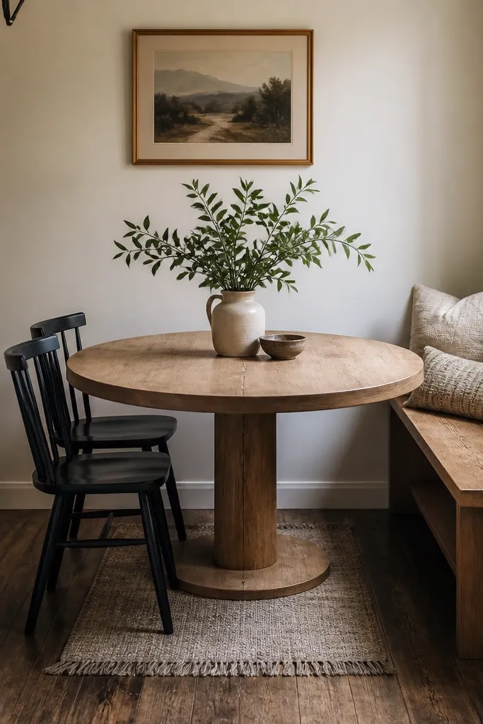 A round wooden table sits in the center of a tiny dining room. One side has a bench pushed close to the wall. Two chairs tuck on the other side. A small runner lies only under the front edge of the table.