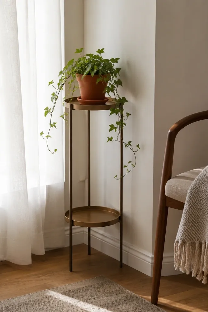 A window corner has a narrow plant stand with two tiers. One tier holds a small trailing plant in a terracotta pot. A sheer curtain filters light. A small chair sits nearby with a folded blanket.