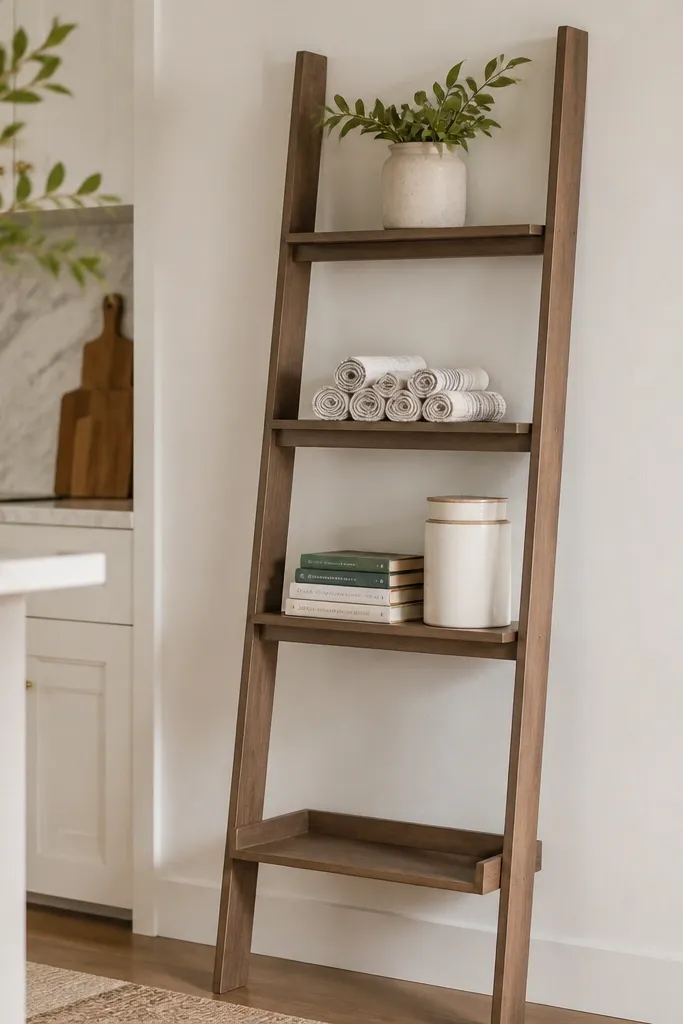A slim ladder shelf leans slightly against a wall near the kitchen. The shelves hold rolled dish towels, a stack of small cookbooks, and a ceramic canister. The bottom shelf is empty for baskets.