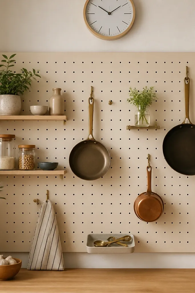 A pegboard wall is mounted with hooks, small shelves, and a few hanging pans. The pegboard is painted warm cream. On the bottom, a small tray holds measuring spoons. A small clock hangs above.