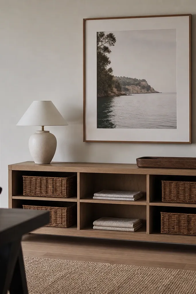 A shallow sideboard sits against the dining wall. The top has a small lamp and a tray, and the rest is clear. Inside the sideboard: baskets with labels and a few folded linens. Above it hangs a single large framed print.