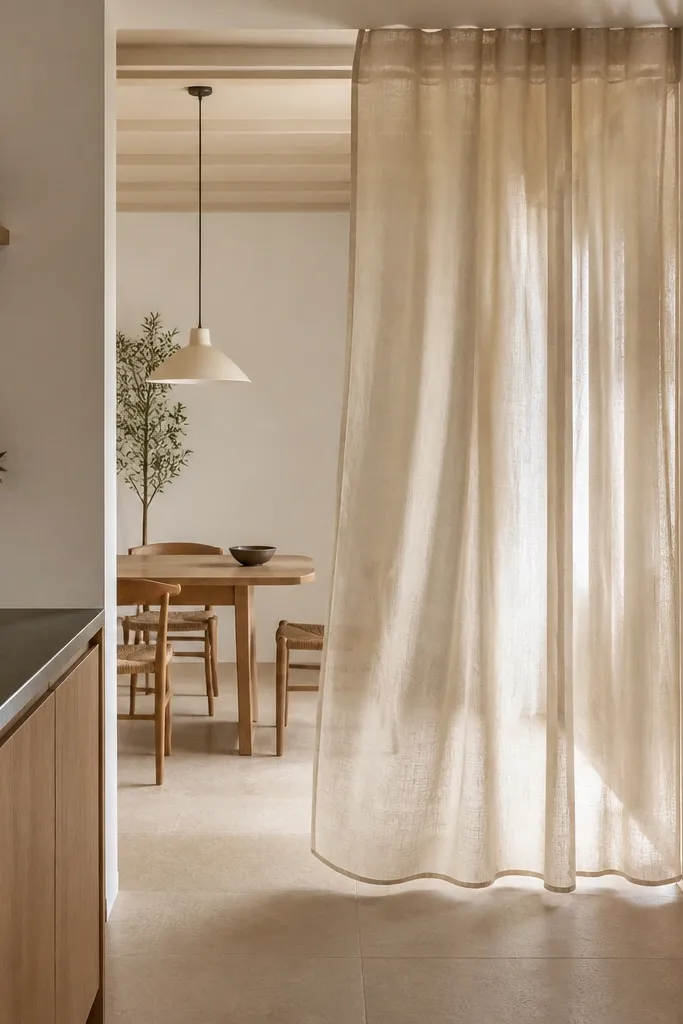 A doorway between kitchen and dining has a soft curtain hung from ceiling track. The curtain is a light oat linen. Behind it, a small dining table is visible. The curtain moves slightly, giving a gentle separation.