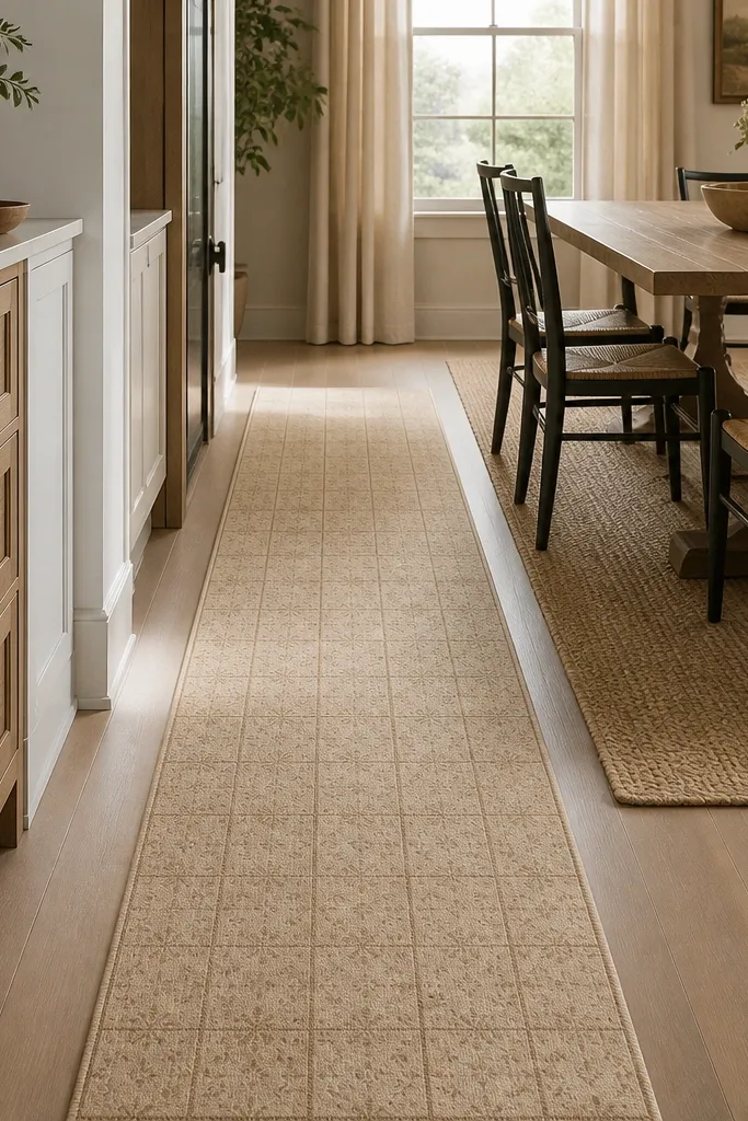 A narrow runner with a subtle tile pattern runs from kitchen entry toward the dining table. It's warm beige with darker muted lines. A small rug pad keeps it flat. The edges are clean and straight.