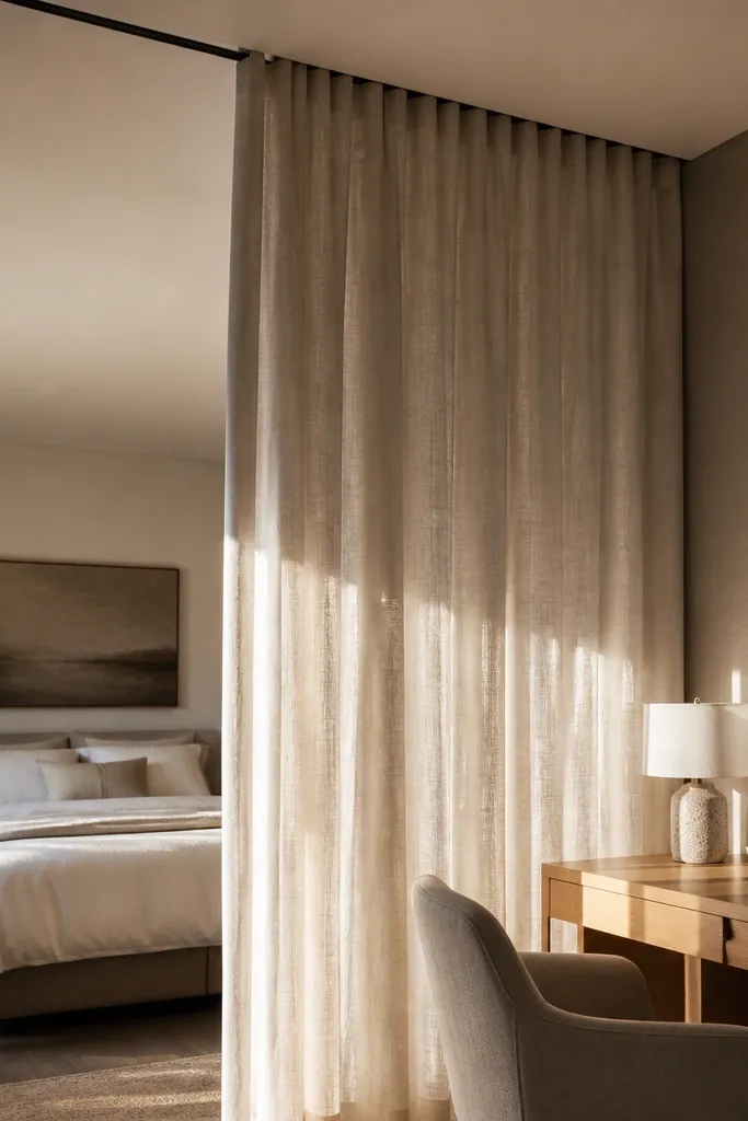 Floor-to-ceiling light linen curtain hanging from a ceiling track