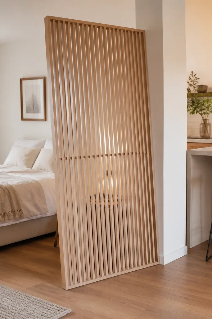 Light wood slat screen leaning slightly in front of a sofa area
