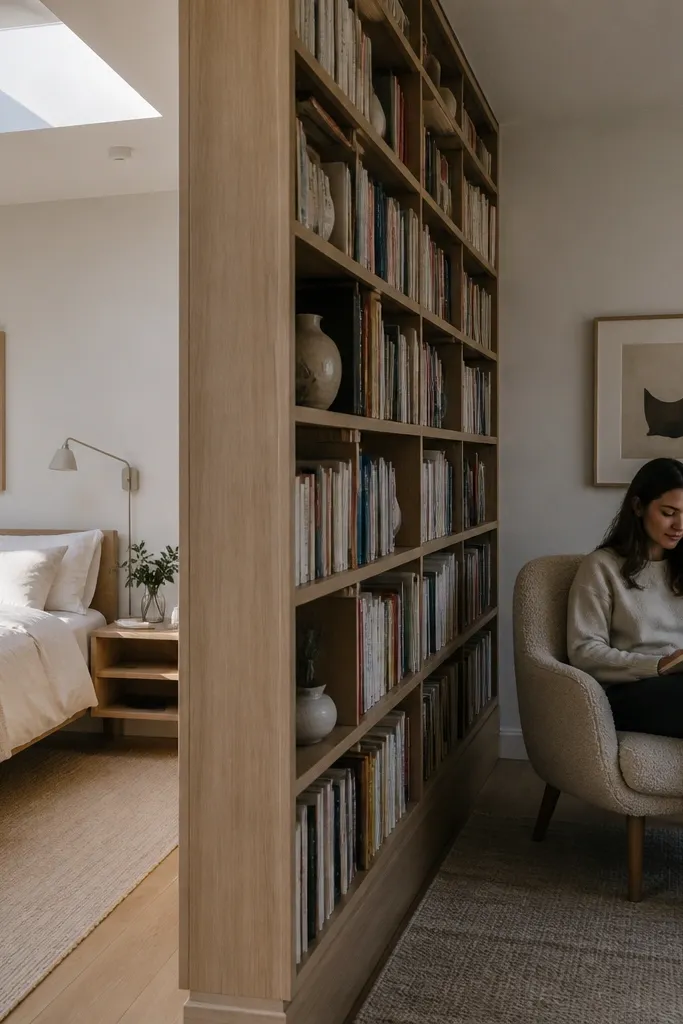 Tall bookcase divider packed with books between a desk and seating area