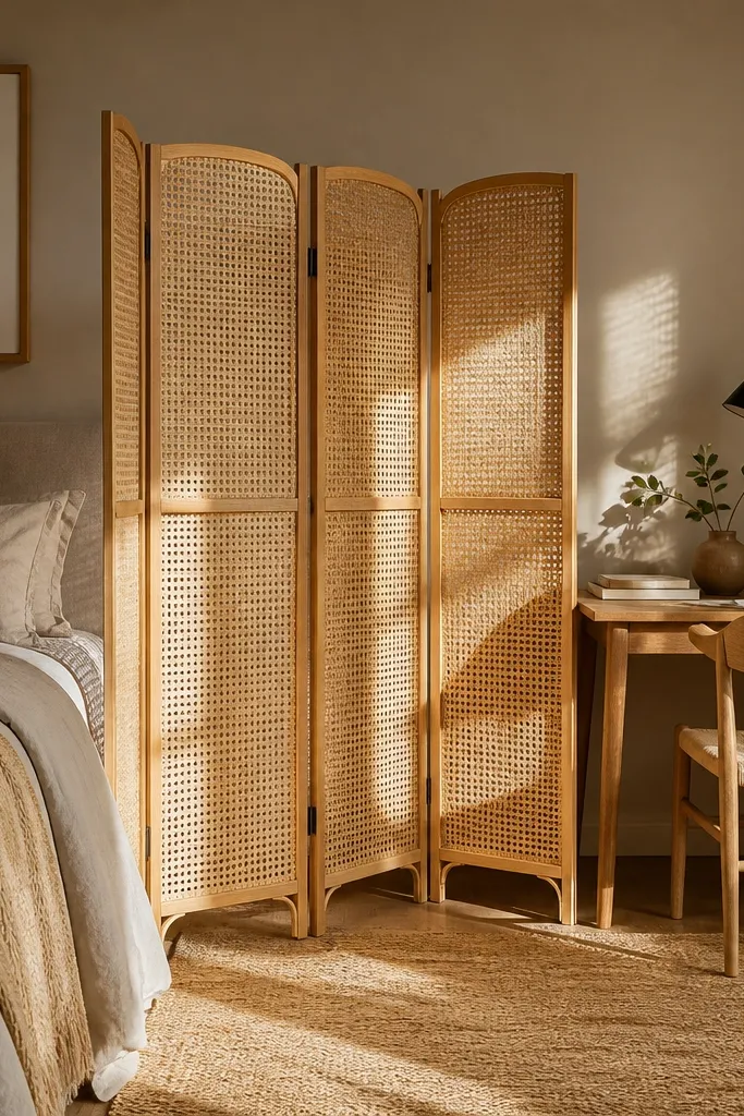 Woven cane room divider separating a bed nook with warm tones