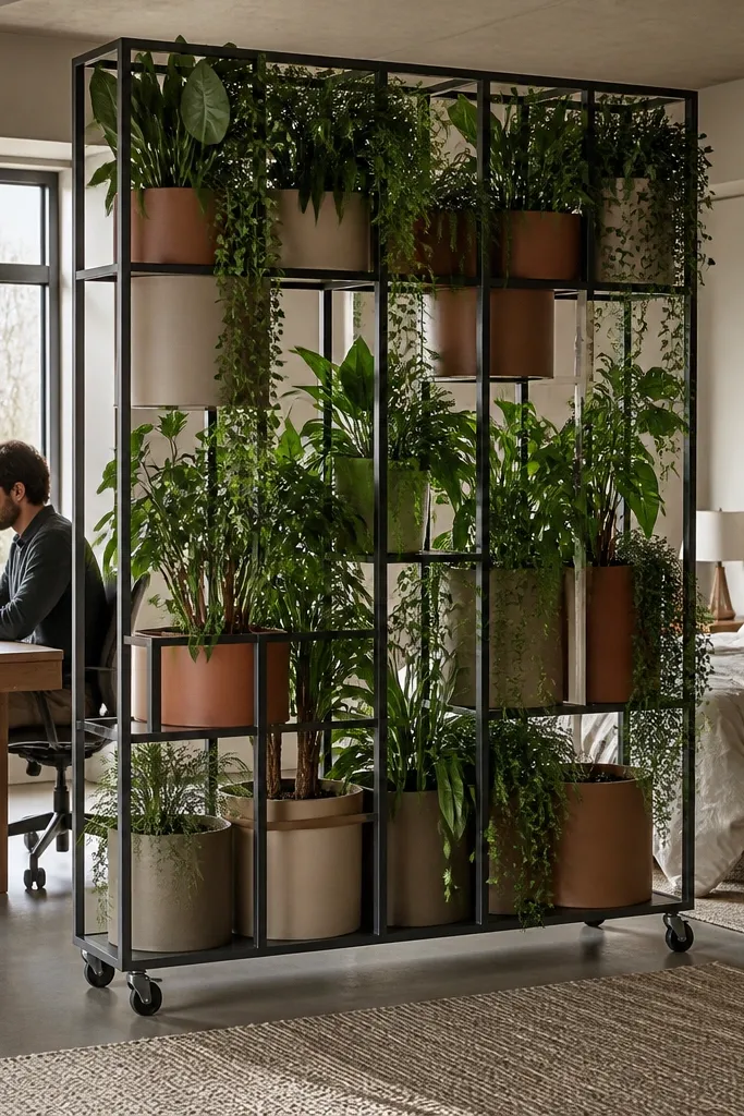 Hanging and potted plants arranged behind a freestanding frame divider