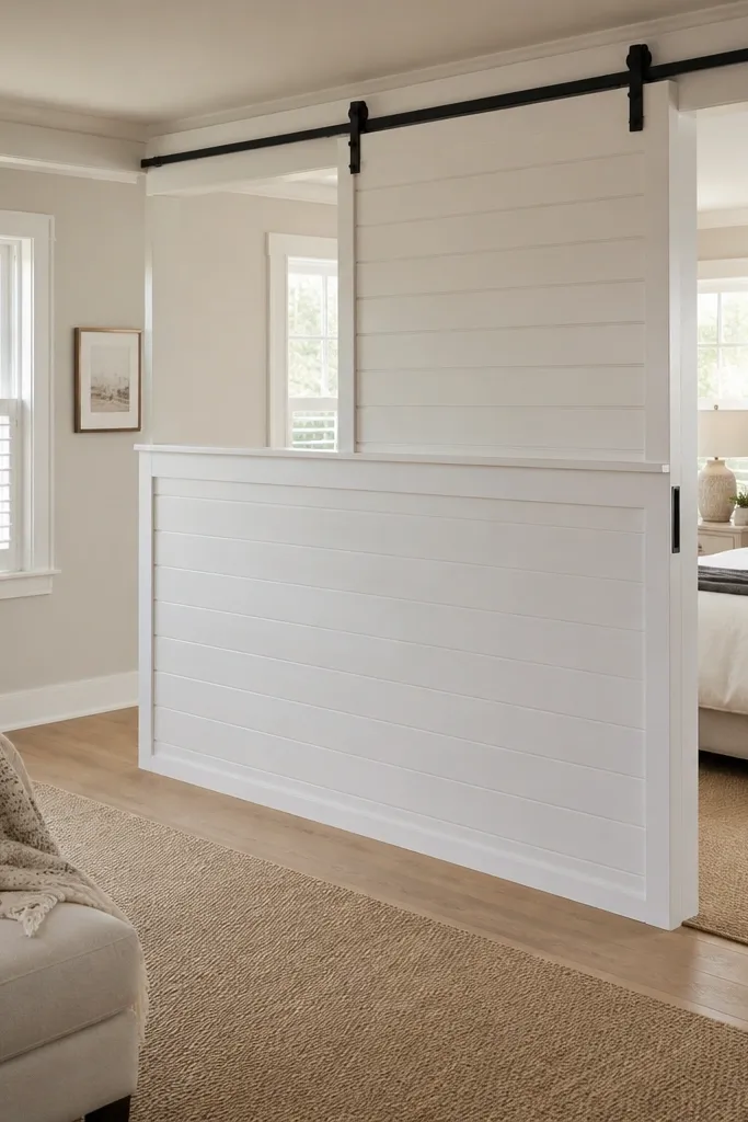 White shiplap sliding panel partially dividing a studio living zone