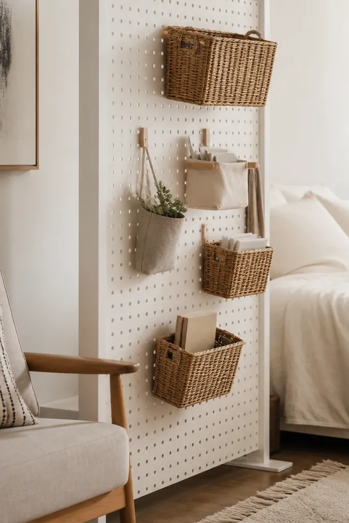 White pegboard divider with hanging baskets between desk and lounge