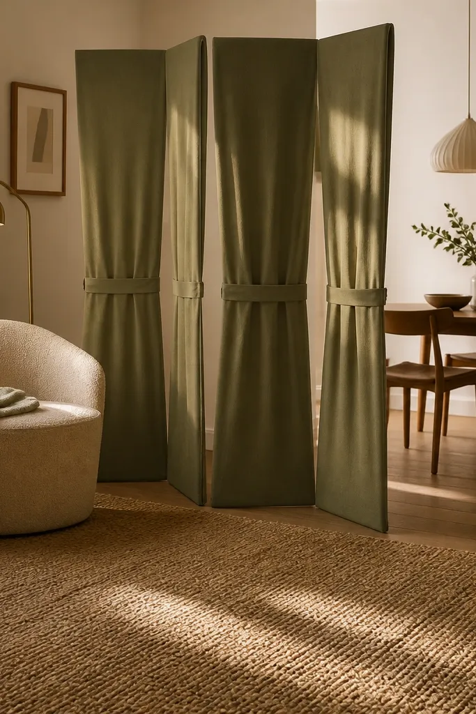 Three-panel fabric folding screen with tiebacks and neutral tones