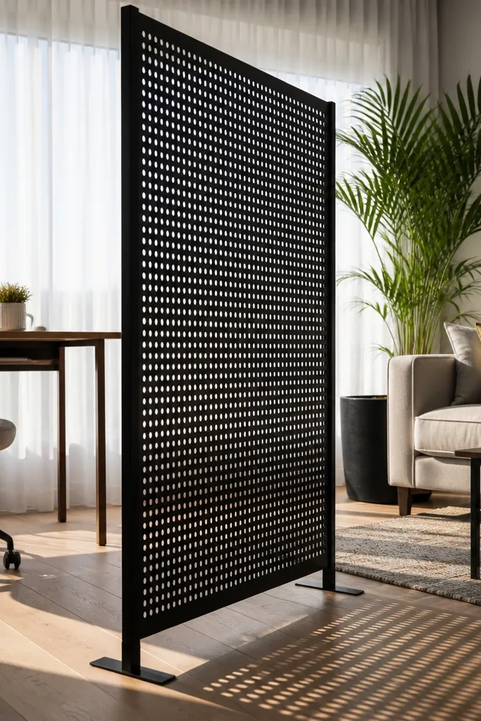 Black perforated metal divider separating a desk area from a living nook