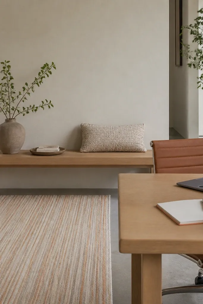 Low back bench and rug border creating a clear living zone boundary