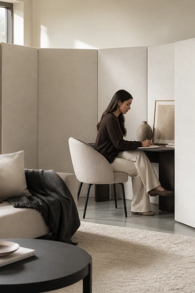 Two-tone modular fabric panels forming a half wall between bed and living space