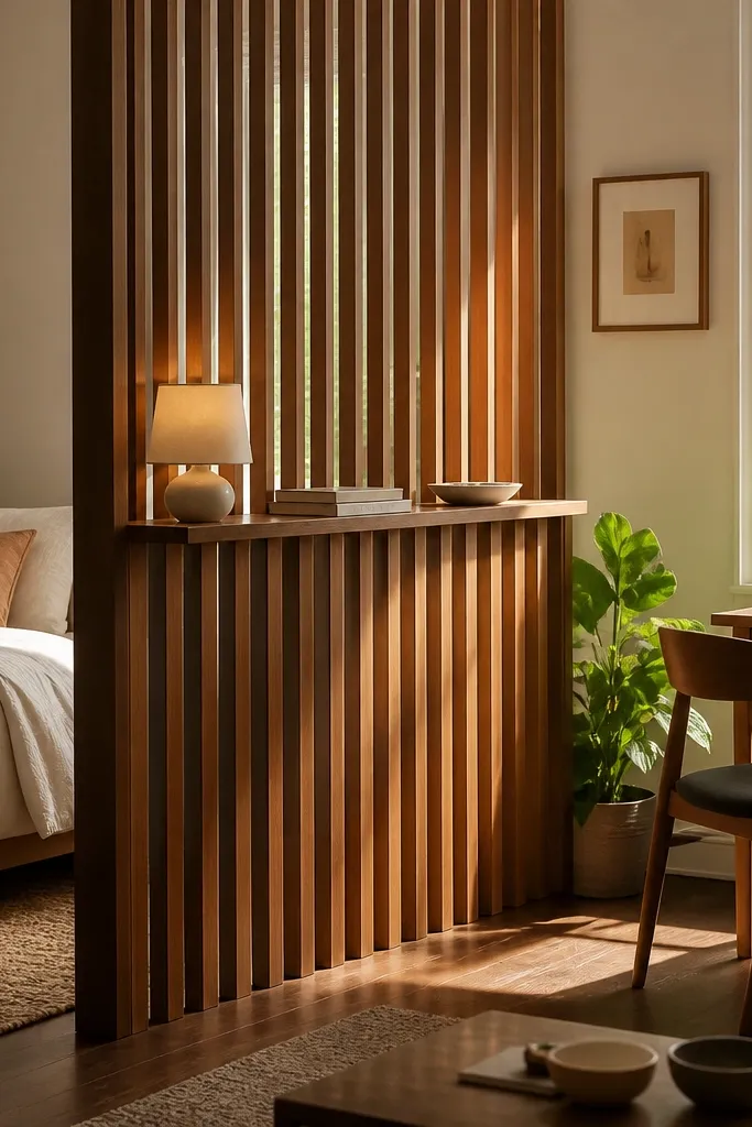 Light wood slat half-wall with a small shelf ledge between zones