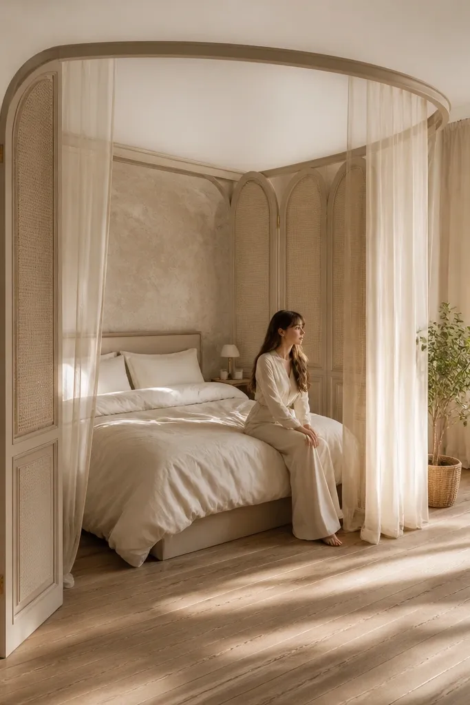 Arched vintage-style folding screen with neutral panels creating a bedroom corner