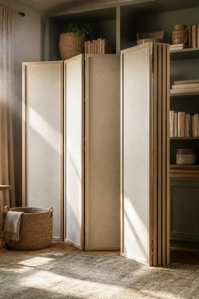 Folding screen covered in linen panels separating a reading nook from a living area