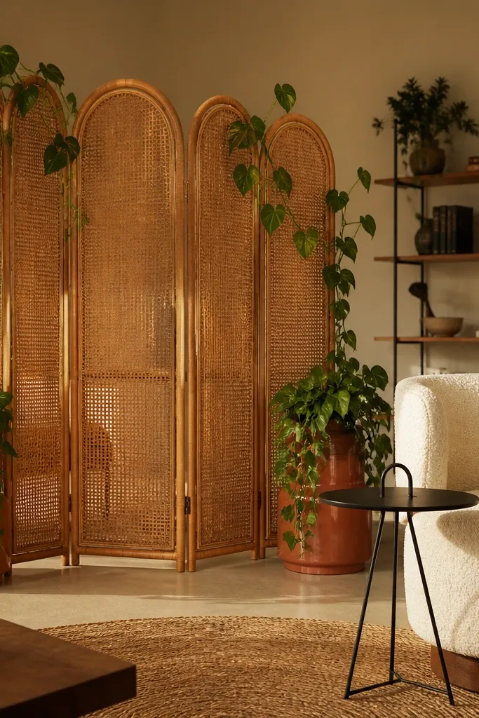 Rattan room divider with two matching planters placed at the base