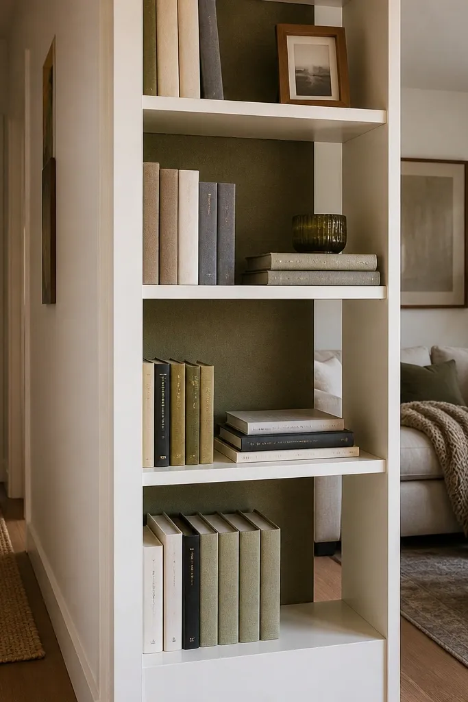 Small bookcase divider with a few shelves covered by fabric panels