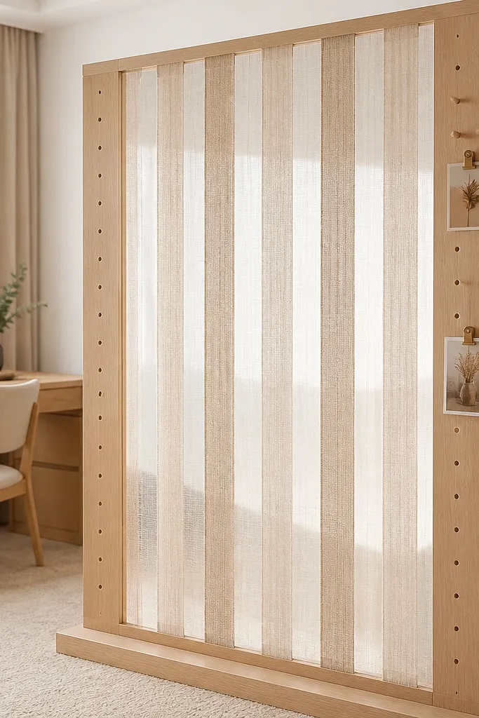 White pegboard divider with vertical fabric strips hanging like a curtain wall