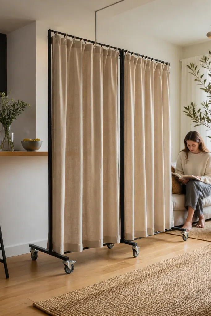 Cream curtain panels on a rolling stand separating a desk from a living nook