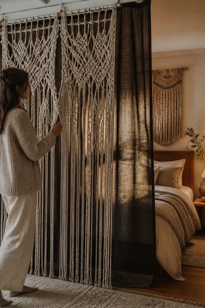 Macrame curtain panel layered with a blackout liner behind it