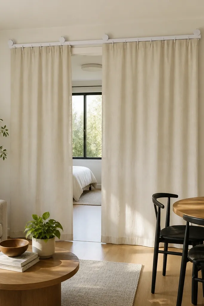 Curtain panels on a simple suction-mounted track creating a sliding divider