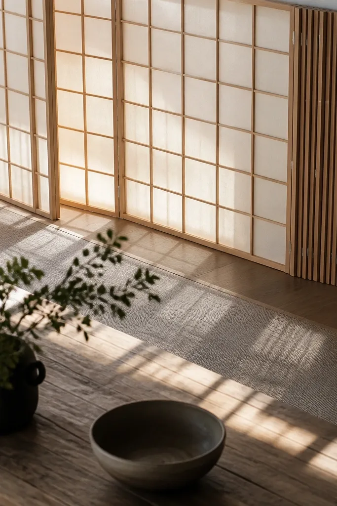 Folding shoji-style panels with light grid patterns dividing a bedroom corner