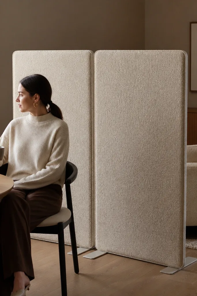 Two upholstered fabric panels in beige dividing a small studio sleeping area