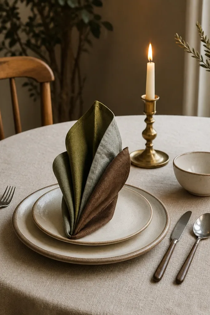 Buttermilk tablecloth, brass taper candles, leaf-pattern napkins, cream dinnerware