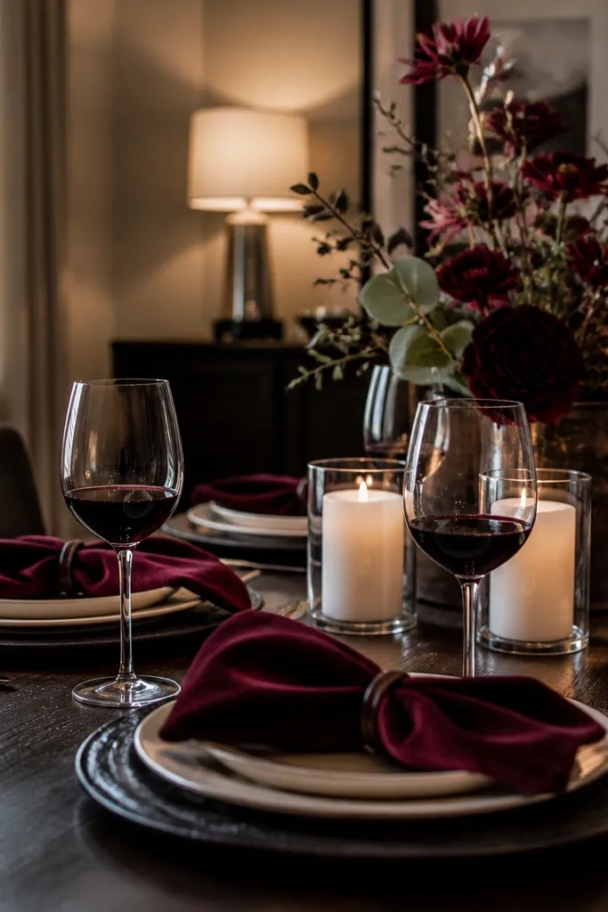 Black chargers, burgundy napkins, white plates, and a dark autumn centerpiece