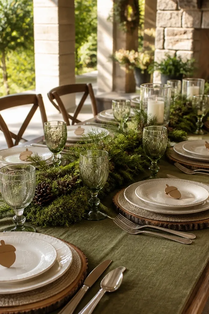 Olive table runner, wood-slice centerpieces, acorn place cards, cream plates