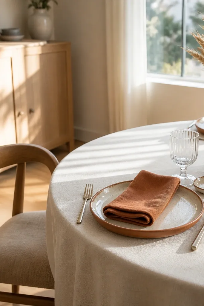 Cream plates with terracotta rim, wheat bundles centerpiece, terracotta napkins