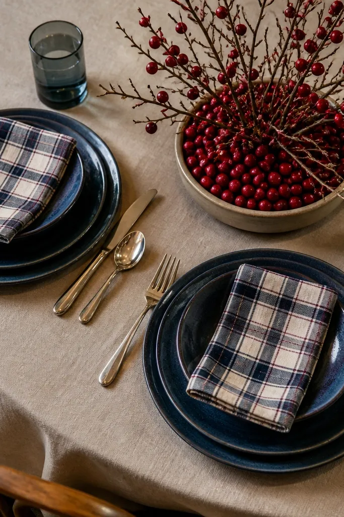 Navy plates, plaid napkins, cranberry twig centerpiece, warm beige tablecloth