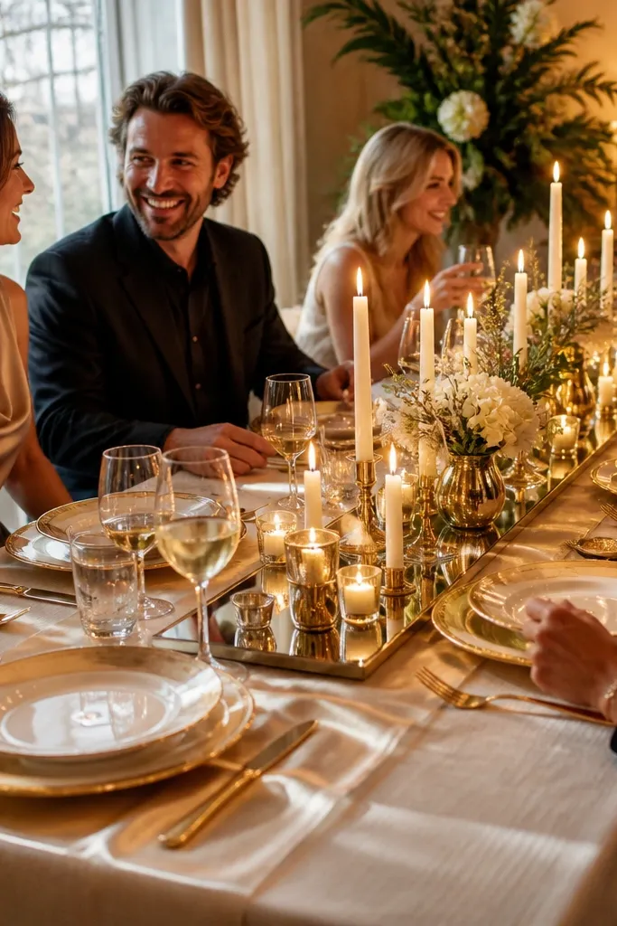 Champagne satin runner, gold leaf accents, mirror tray candles, ivory plates
