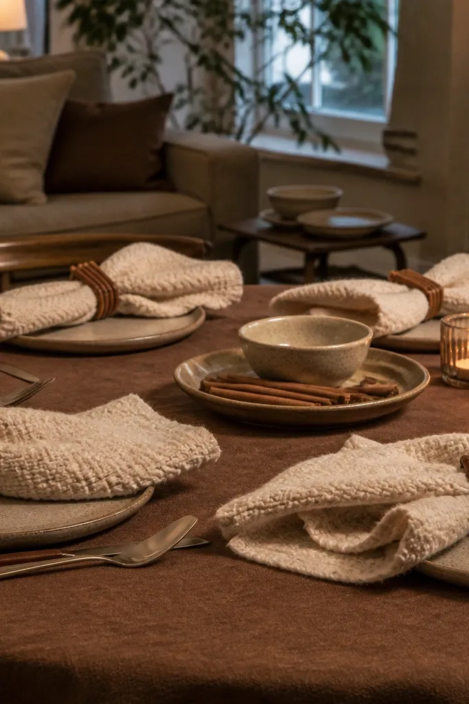 Mocha tablecloth, cream knit napkins, cinnamon stick rings, warm beige plates