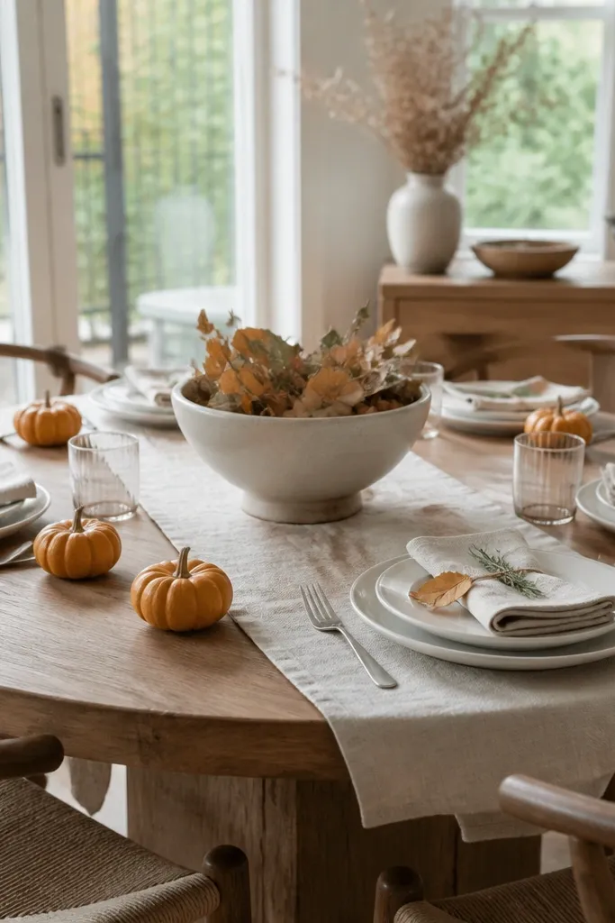 White stoneware, mini pumpkins per place, greenery runner, warm neutral table