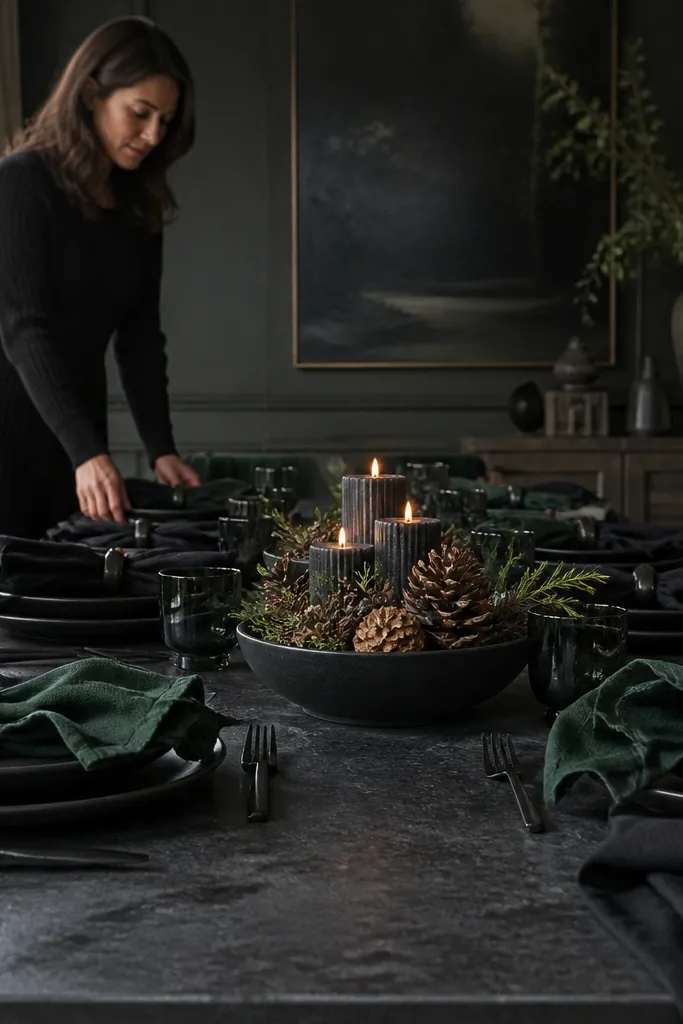 Forest green table setting, black linen napkins, pinecone candle bowl centerpiece