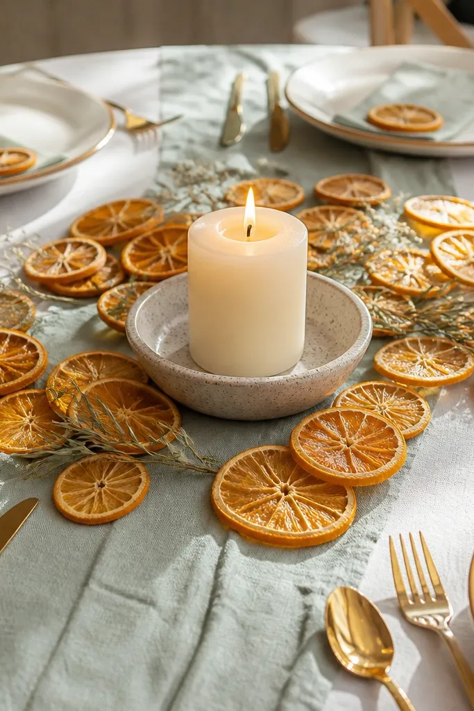 White tablecloth, sage runner, dried orange slice centerpiece, gold cutlery